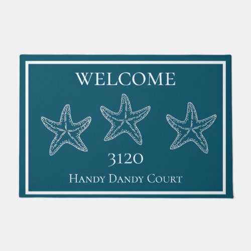 Custom Nautical White Dark Teal Blue Starfish Doormat