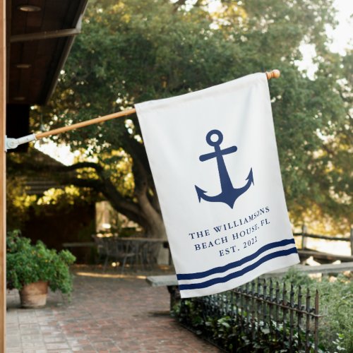 Custom Nautical White  Navy Blue Anchor Beach House Flag