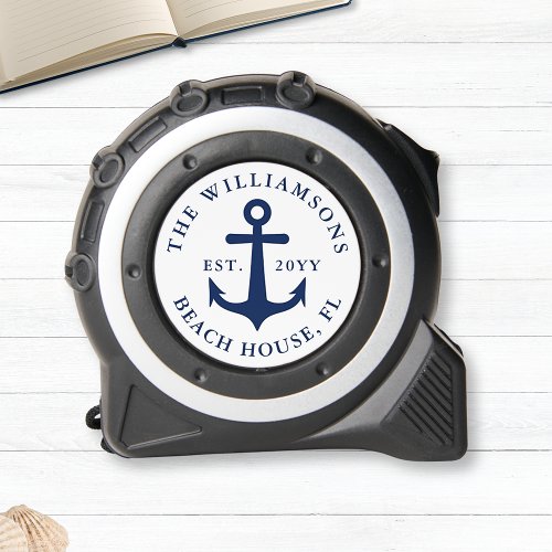 Custom Nautical White Navy Blue Anchor Beach House Tape Measure