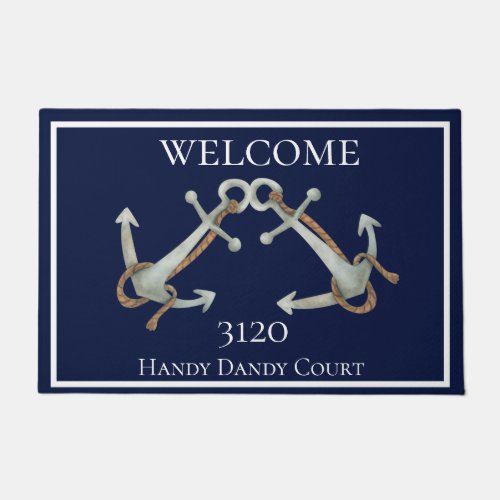 Custom Nautical White Navy Blue Anchors Doormat