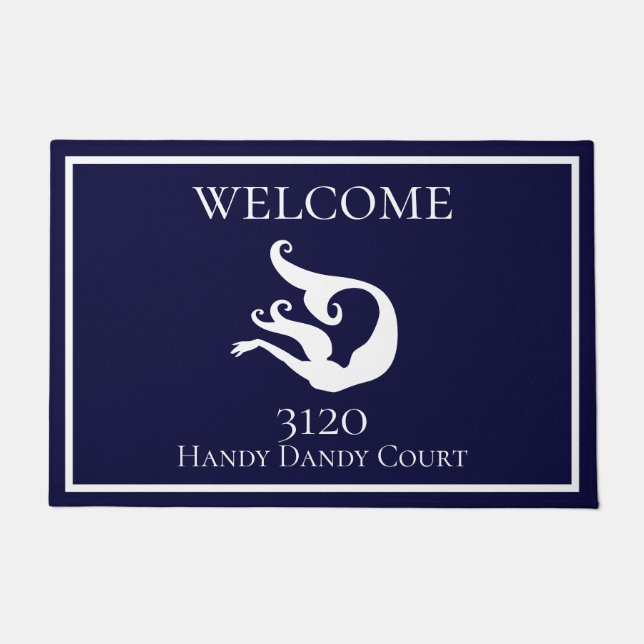 Custom Nautical White Navy Blue Mermaid Doormat (Front)