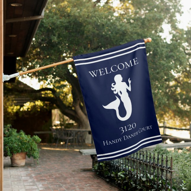 Custom Nautical White Navy Blue Mermaid House Flag (In SItu)