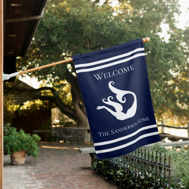 Custom Nautical White Navy Blue Mermaid House Flag (In SItu)
