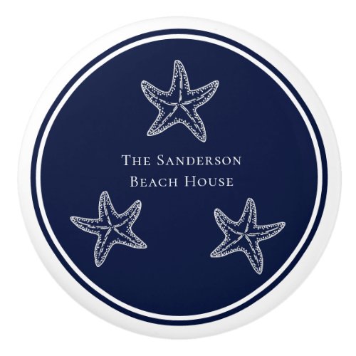 Custom Nautical White Navy Blue Starfish Beach  Ceramic Knob