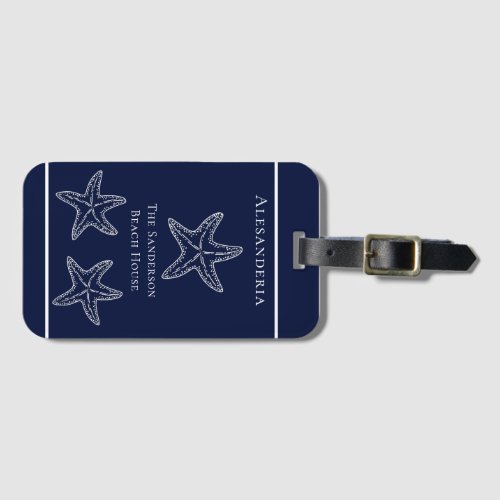 Custom Nautical White Navy Blue Starfish  Beach  Luggage Tag