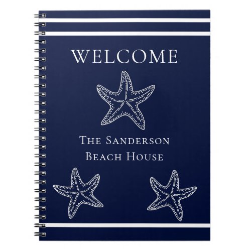 Custom Nautical White Navy Blue Starfish Beach Notebook