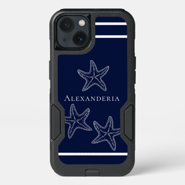 Custom Nautical White Navy Blue Starfish Beach  Otterbox iPhone Case (Back)