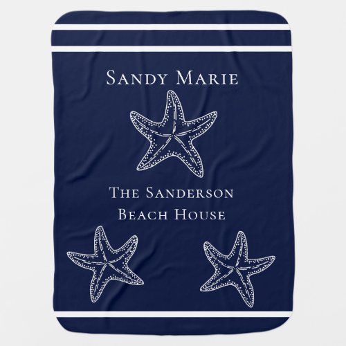 Custom Nautical White Navy Blue Starfish   Beach T Baby Blanket
