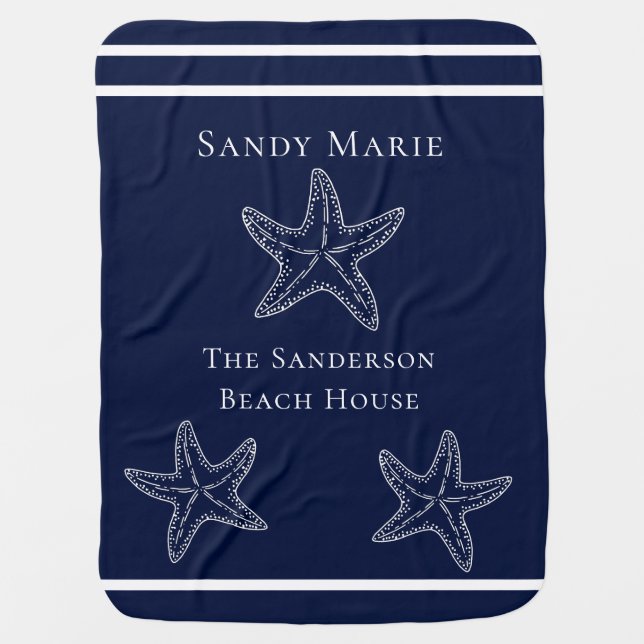 Custom Nautical White Navy Blue Starfish   Beach T Baby Blanket (Front)