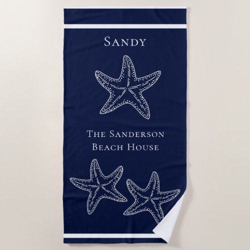 Custom Nautical White Navy Blue Starfish   Beach T Beach Towel