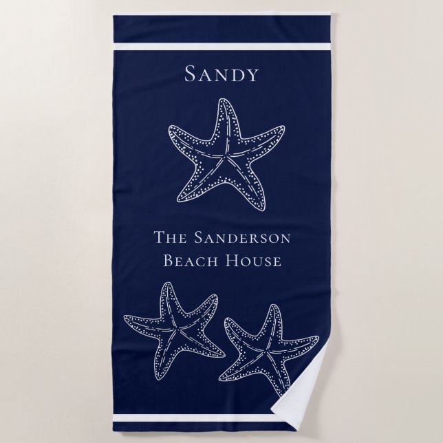 Custom Nautical White Navy Blue Starfish   Beach T Beach Towel (Front)
