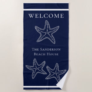 Custom Nautical White Navy Blue Starfish Beach Towel