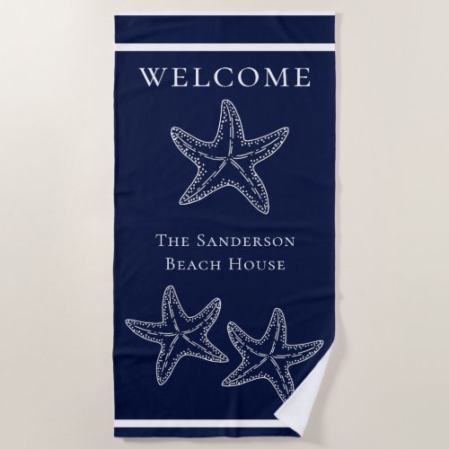 Custom Nautical White Navy Blue Starfish   Beach Towel