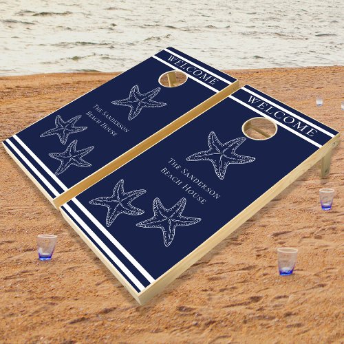 Custom Nautical White Navy Blue Starfish   Cornhole Set
