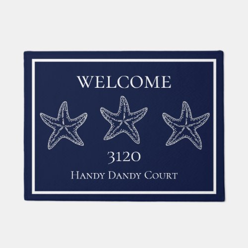 Custom Nautical White Navy Blue Starfish Doormat