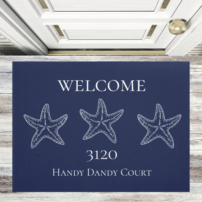 Custom Nautical White Navy Blue Starfish Doormat