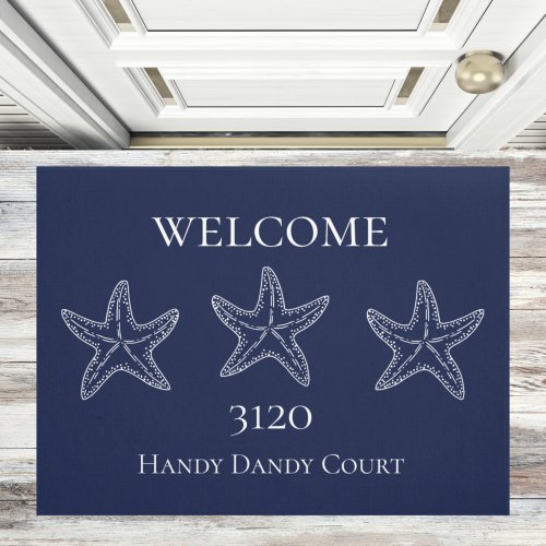 Custom Nautical White Navy Blue Starfish Doormat