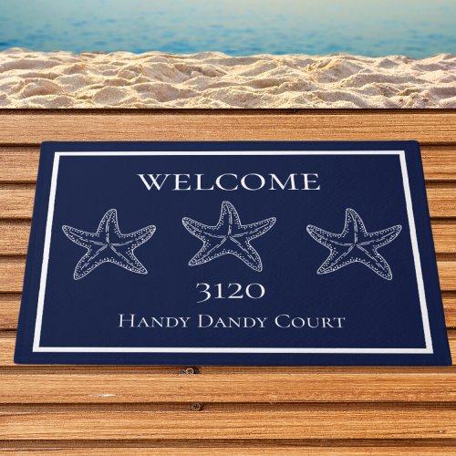 Custom Nautical White Navy Blue Starfish Doormat