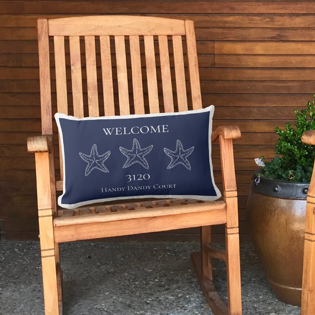 Custom Nautical White Navy Blue Starfish Doormat Lumbar Pillow (Creator Uploaded)
