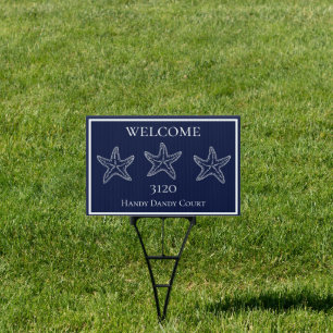 Custom Nautical White Navy Blue Starfish Doormat Sign