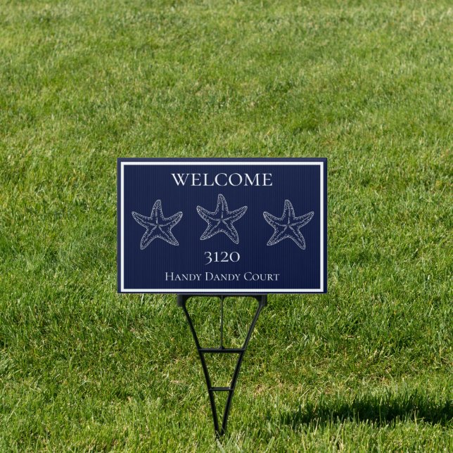 Custom Nautical White Navy Blue Starfish Doormat Sign (Insitu)