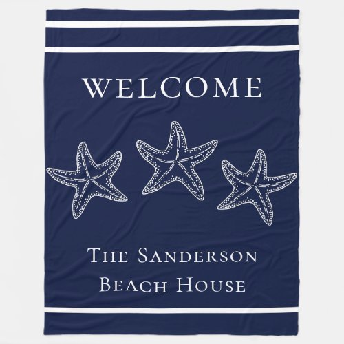 Custom Nautical White Navy Blue Starfish  Fleece Blanket