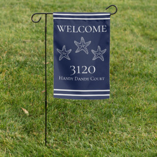Custom Nautical White Navy Blue Starfish Garden Flag