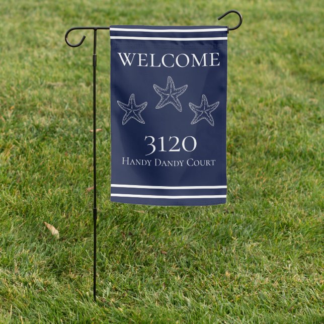 Custom Nautical White Navy Blue Starfish Garden Flag (In SItu)