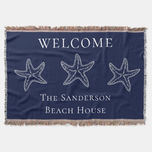 Custom Nautical White Navy Blue Starfish  Throw Blanket