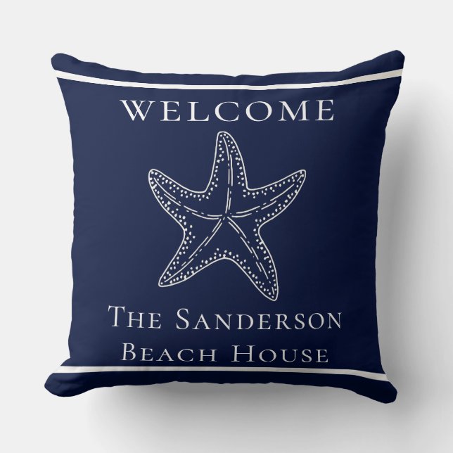 Custom Nautical White Navy Blue Starfish Throw Pil Pillow (Front)