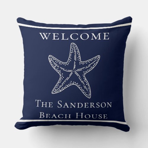 Custom Nautical White Navy Blue Starfish Throw Pil Throw Pillow