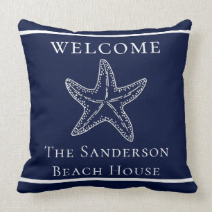 Custom Nautical White Navy Blue Starfish Throw Pil Throw Pillow