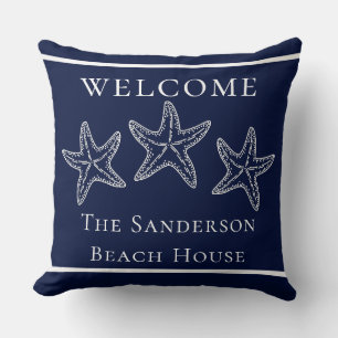 Custom Nautical White Navy Blue Starfish Throw Pillow