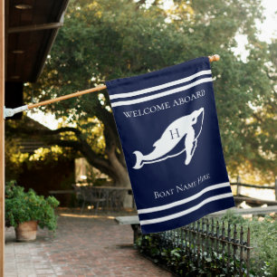 Custom Nautical White Navy Blue Whale House Flag