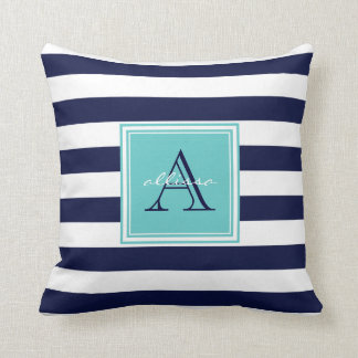 CUSTOM Navy Aqua Monogrammed Awning Stripe Throw Pillow