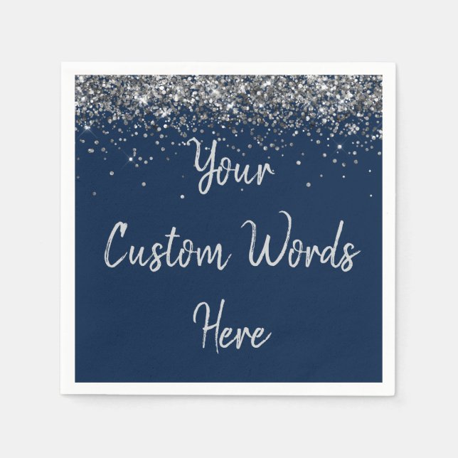 Custom Navy Blue and Silver Glitter Birthday Party Napkins (Front)