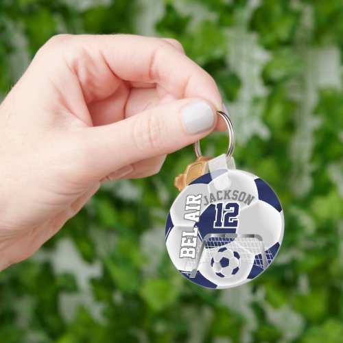 Custom _ Navy Blue and White Soccer  Ball   Keychain