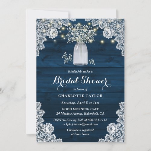 Custom Navy Blue Babys Breath Bridal Shower Invitation