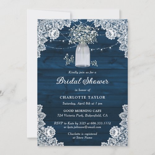 Custom Navy Blue Babys Breath Bridal Shower Invitation