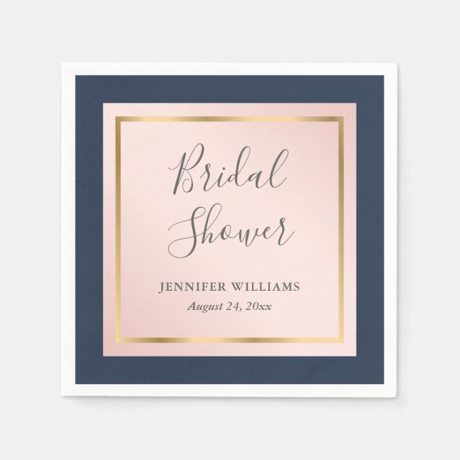 Custom Navy Blue Blush and Gold Bridal Shower Napkins (Front)