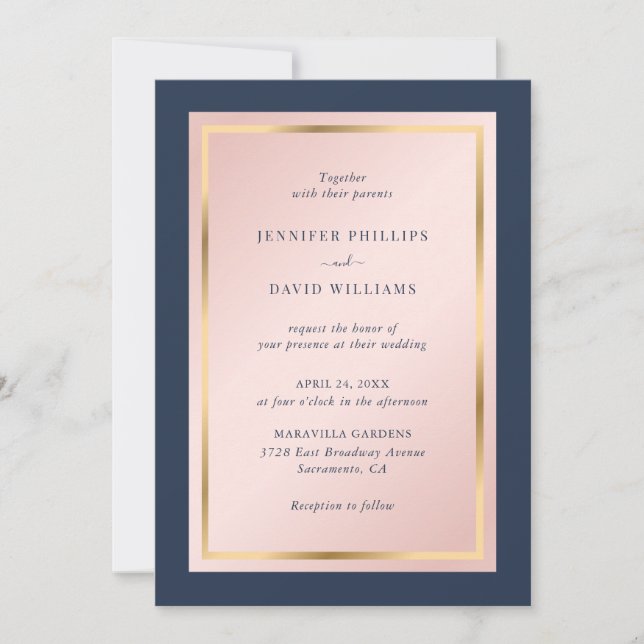 Custom Navy Blue Blush and Gold Wedding Invitation (Front)