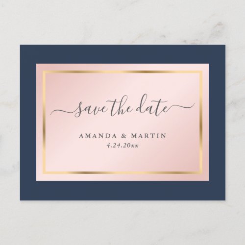 Custom Navy Blue Blush Gold Wedding Save The Date Announcement Postcard