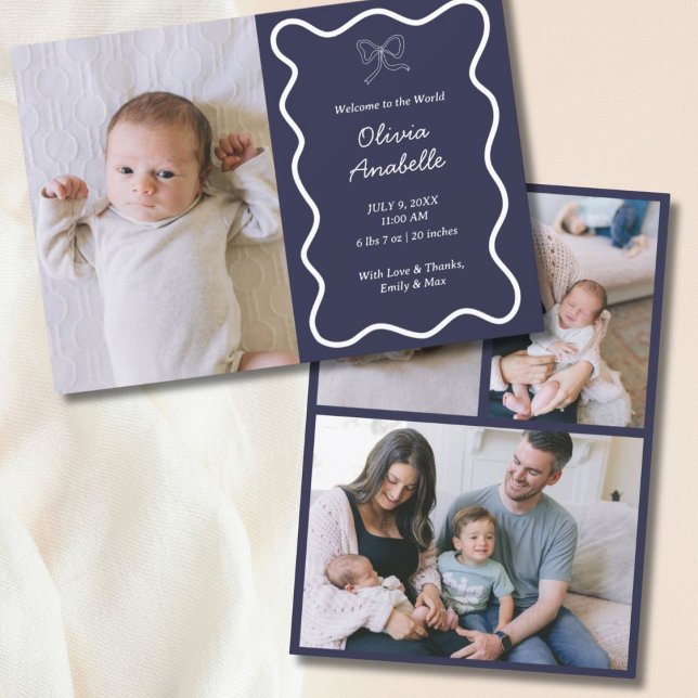Custom Navy Blue Bow Wavy Boho Collage Baby Birth Announcement (Custom Terracotta Bow Wavy Boho Collage Baby Birth Announcement
)