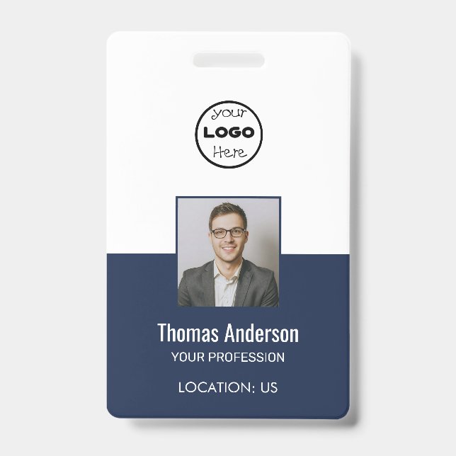 Custom Navy Blue Business Logo Employee Photo ID  Badge (Front)