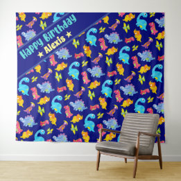 Custom Navy Blue Colorful Dinosaur Theme Birthday Tapestry