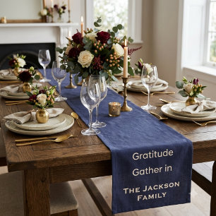 Custom Navy Blue family name Thanksgiving Long Table Runner