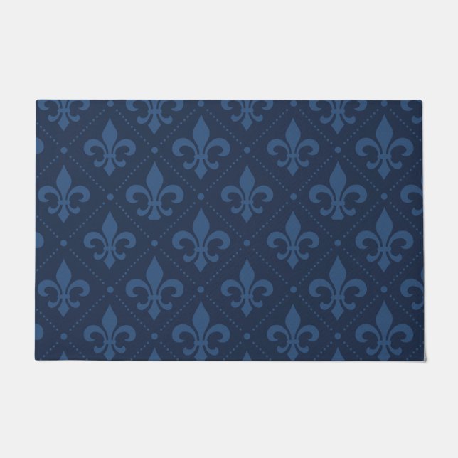 Custom Navy Blue Fleur de Lis Outdoor Doormat (Front)