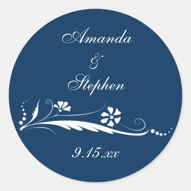 Custom Navy Blue Floral Wedding Favor Stickers (Front)