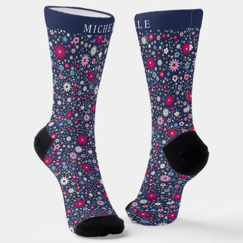 Custom Navy Blue Floral White Pink Flowers Socks