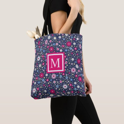 Custom Navy Blue Floral White Pink Flowers Tote Bag